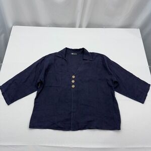 M Made In Italy Linen Top Womens Medium‎ V-Neck Blue Pullover Flowy Bohemian